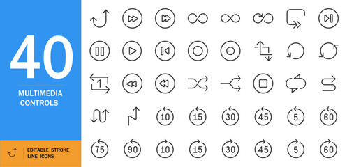 Multimedia controls icon set. Minimal thin line vector arrows for video player, console numbers 0-9, circular panning symbol. Editable monochrome UI elements.