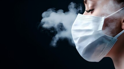 A close up portrait of a human face partially obscured by a medical mask creating a sense of mystery and concern in the dark gloomy setting