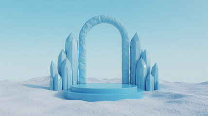 3d render of an ice crystal archway framing a frozen podium for product display