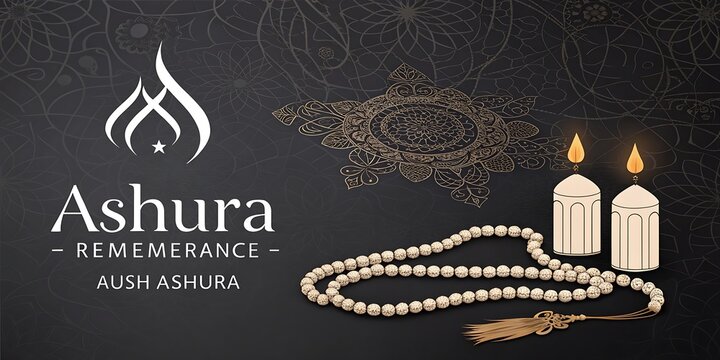 Ashura remembrance with prayer beads and candles on a dark background