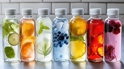 Colorful fruit infused drinks in glass bottles.