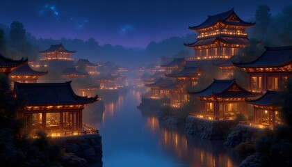 Obraz premium Lantern Night in Ancient City – Donghua Background