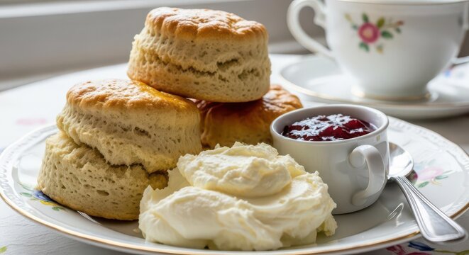 Scones with Cream and Jam on Decorative Plate in Bright Kitchen