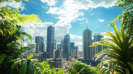 City skyline viewed through vibrant green tropical foliage