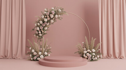 Elegant floral archway with podium and soft pink curtains for ceremony and display