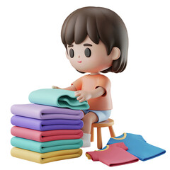 Cute Child Folding Clothes with Neatly Stacked Laundry in Multicolor Piles