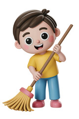 Smiling Cartoon Boy Holding a Broom and Cleaning with Enthusiasm