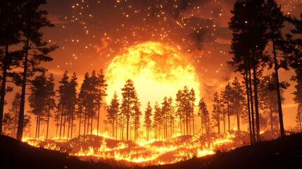 A catastrophic wildfire rages through a dense forest consuming the trees in a fiery inferno of orange flames and glowing embers