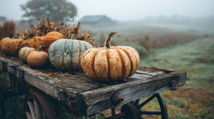 Golden pumpkins and gourds on old wagon in misty light