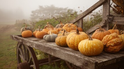Golden pumpkins and gourds on old wagon in misty light
