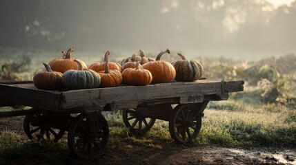 Golden pumpkins and gourds on old wagon in misty light