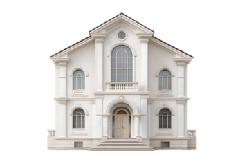 Elegant classic european style mansion with ornate columns and arched windows on white stone facade isolated on transparent background