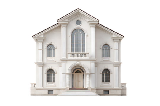 Elegant classic european style mansion with ornate columns and arched windows on white stone facade isolated on transparent background - Powered by Adobe