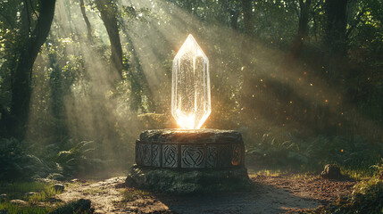 A fantasy-inspired crystal trophy glowing with a magical aura, atop a stone podium adorned with ancient runes, surrounded by mist and mystical forest scenery, ethereal lighting, highly detailed