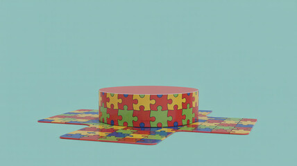 Abstract puzzle design 3d rendered display with a red podium against a turquoise background