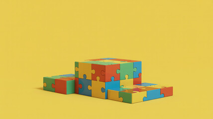 Colorful jigsaw puzzle pieces assembled into a podium shape on a yellow background
