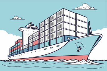 Fototapeta premium Large cargo ship sailing with containers in stylized vector ocean transport art