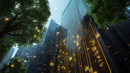 A financial district powered entirely by renewable energy, where electric-powered buildings are connected through blockchain to track energy consumption and costs,