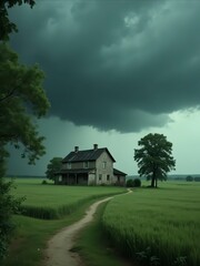 Fototapeta premium Rural Wind and Rain Scene Illustration, Field Cottage & Path, for Cultural Tourism Promotion, Literary Illustration, Decorative Painting, Mood Atmosphere Design