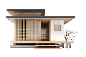 Minimalist traditional Japanese wooden house with sliding doors and natural elements isolated on transparent background