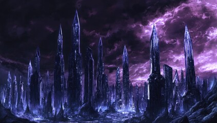 Crystal spires pierce a violet sky over a desolate, dark landscape