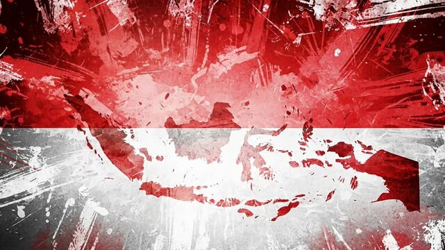 Indonesia Flag Map Grunge Dynamic Red and White Abstract Visual. Indonesian Independence Day