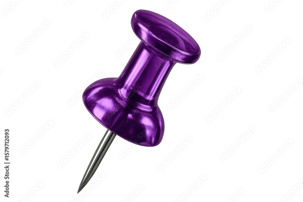 Poster purple push pin highlighting transparent surface, securing documents and notes with precise position