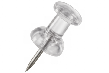 Transparent plastic push pin with metallic point, resting on clear checkered surface