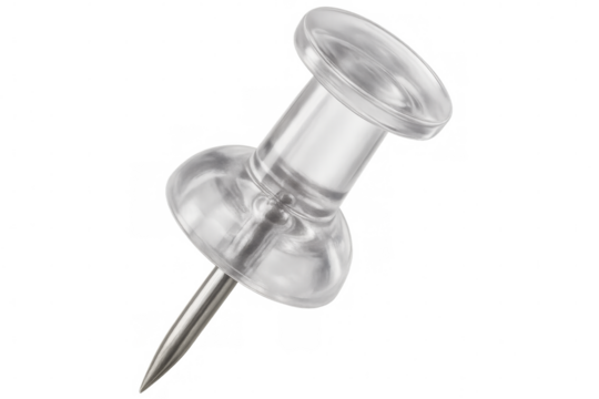 Transparent plastic push pin with metallic point, resting on clear checkered surface