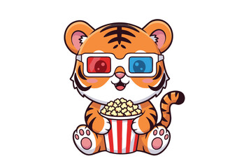 Cartoon Tiger with 3D Glasses Holding Popcorn Bucket Illustration.