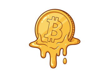 Melting Golden Bitcoin Coin with Dripping Liquid Effect Illustration.