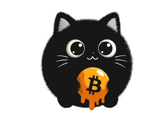 Adorable Black Cat Holding Bitcoin Symbol with Big Eyes and Whiskers.