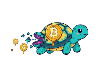 Obraz premium Cartoon Turtle with Broken Shell and Bitcoin Coins.