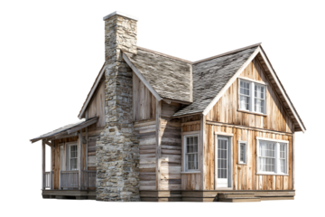 Rustic wooden house with stone chimney in countryside style reflecting traditional cabin living isolated on transparent background