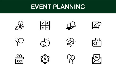 Event Planning Icon Set in Vector Style Featuring Calendar, Schedule, Venue, Invitation, and Party Elements