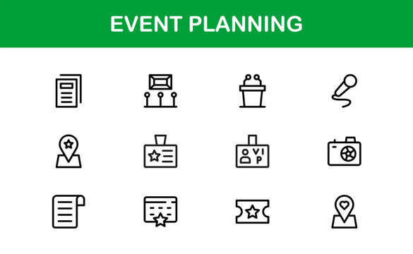 Event Planning Icon Set in Vector Style Featuring Calendar, Schedule, Venue, Invitation, and Party Elements