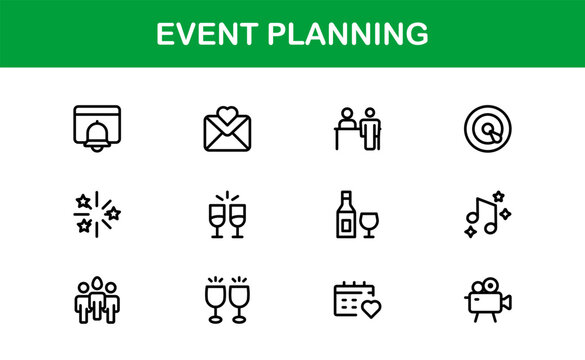 Event Planning Icon Set in Vector Style Featuring Calendar, Schedule, Venue, Invitation, and Party Elements