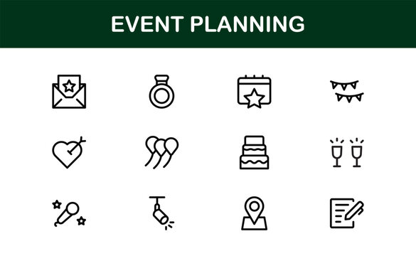 Event Planning Icon Set in Vector Style Featuring Calendar, Schedule, Venue, Invitation, and Party Elements