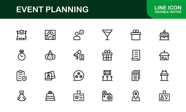 Event Planning Icon Set in Vector Style Featuring Calendar, Schedule, Venue, Invitation, and Party Elements
