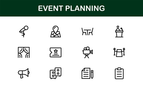 Event Planning Icon Set in Vector Style Featuring Calendar, Schedule, Venue, Invitation, and Party Elements