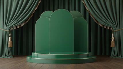 Luxurious green podium and curtains creating an elegant background for product display