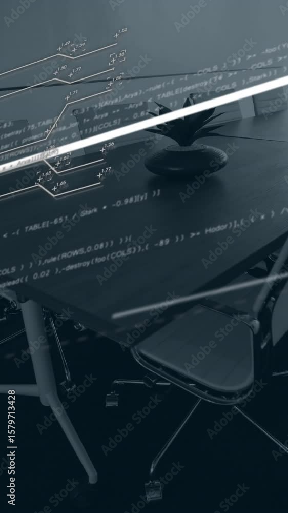 Poster animation of interface with data processing against empty meeting room at office