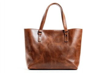 Brown leather tote bag with handles centered against a white backdrop