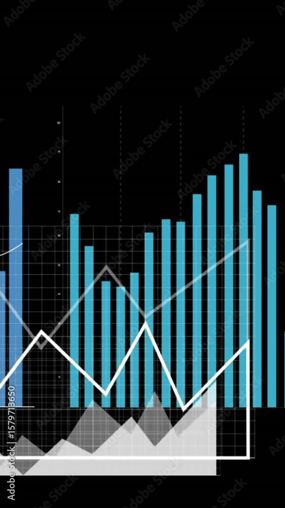 Poster animation of digital icons floating over statistical data processing against black background
