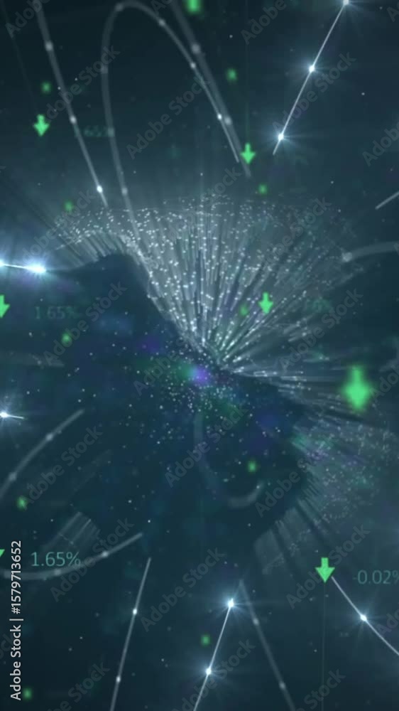Poster animation of network of connections and glowing light trails over spinning globe on black background