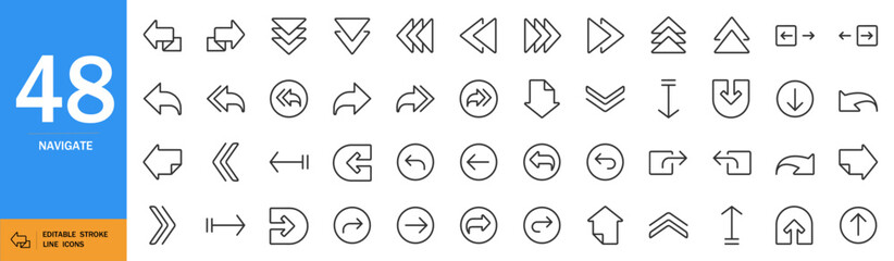 Navigate icon set. Minimal arrow vector collection. Directional symbols pack. Includes up, down, left, right, diagonal, curved arrows and more. Clean line art design.