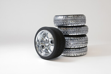 Stacked Car Tires and Wheels on White