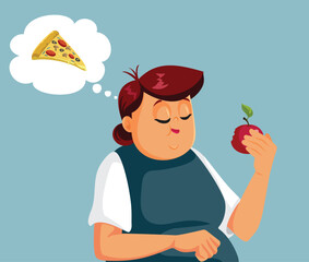 Woman Eating an Apple Thinking of Pizza Vector Cartoon. Lady making the right choice for a weight loss snack 