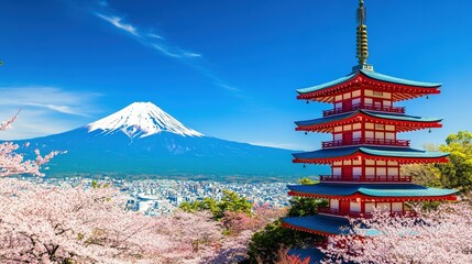 Stunning panorama of Mount Fuji with cherry blossoms and a traditional Japanese pagoda.