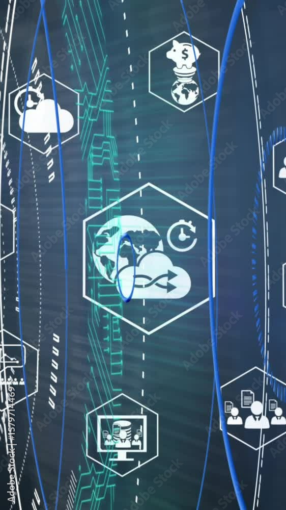 Poster animation of network of connections with icons and cloud on blue background